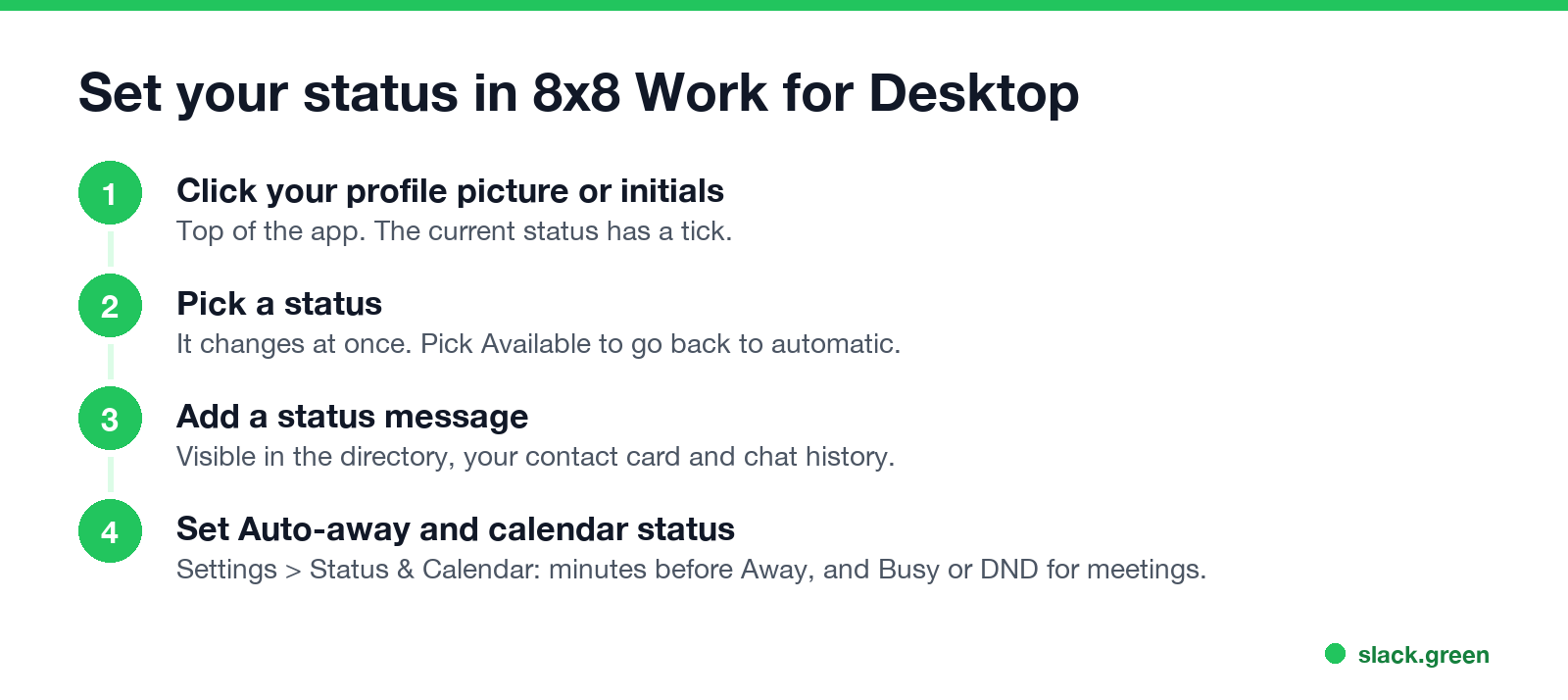 Set your status in 8x8 Work for Desktop: profile picture, pick a status, status message, Auto-away and calendar settings