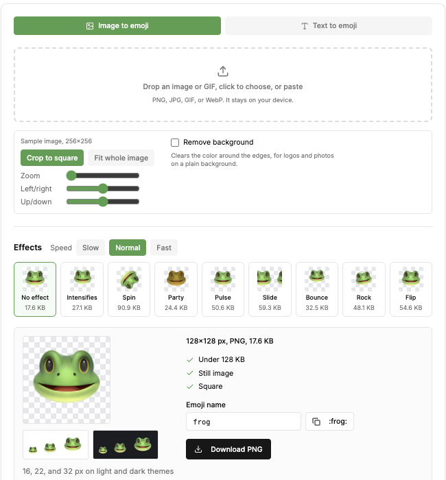 Slack emoji maker: an image loaded, Remove background, effects, and a 128 x 128 PNG at 17.6 KB checked for size, still image and square