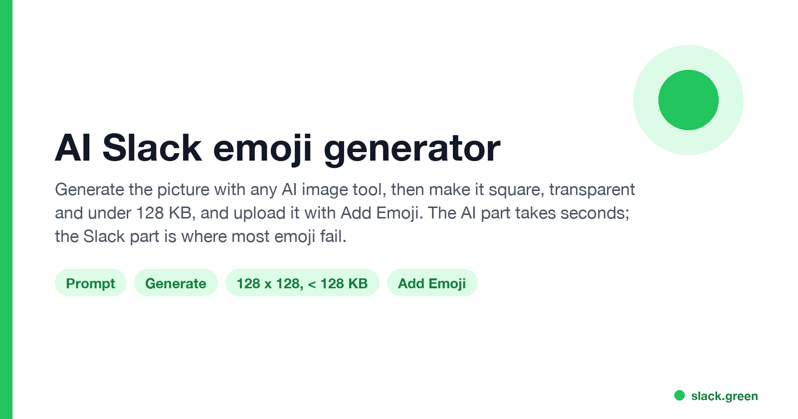 AI Slack emoji generator: prompt, generate, make it 128 x 128 and under 128 KB, upload with Add Emoji
