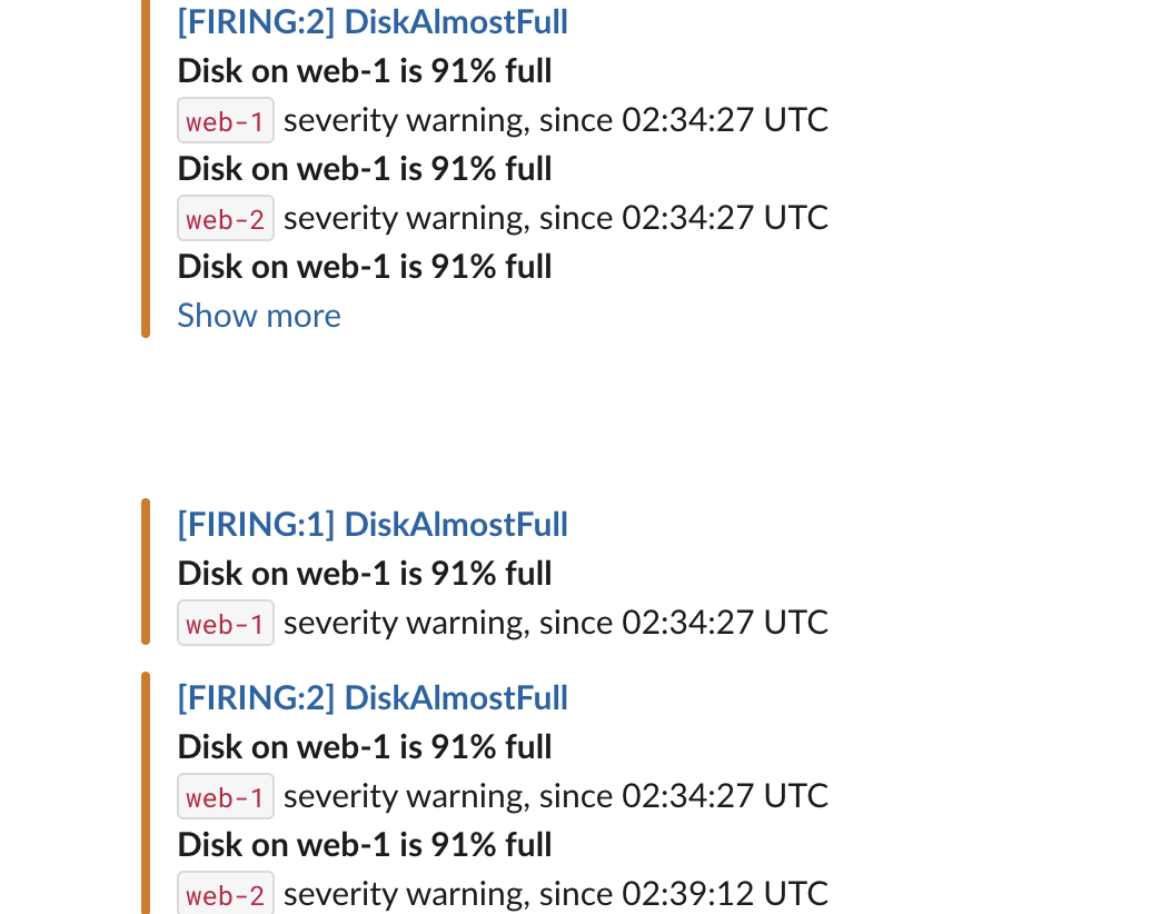 Slack messages with the custom template: an orange bar, the title FIRING:2 DiskAlmostFull, bold summaries with the instance in code format and the start time, a third entry with an empty instance, a blank message, then FIRING:1 and FIRING:2 messages listing web-1 and web-2