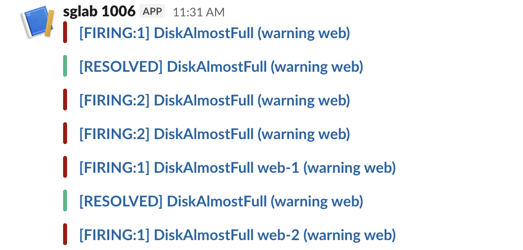 Slack messages from the webhook app: FIRING:1 DiskAlmostFull with a red bar, RESOLVED with a green bar, two FIRING:2 messages, then after a group_by change FIRING:1 web-1, RESOLVED and FIRING:1 web-2
