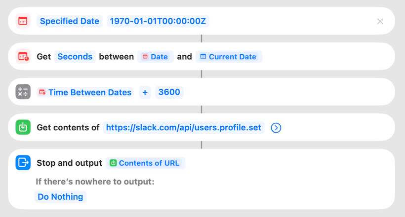 The macOS Shortcuts editor with the shortcut SG Deep work: Specified Date 1970-01-01T00:00:00Z, Get Seconds between Date and Current Date, Calculate Time Between Dates plus 3600, Get contents of https://slack.com/api/users.profile.set, Stop and output Contents of URL