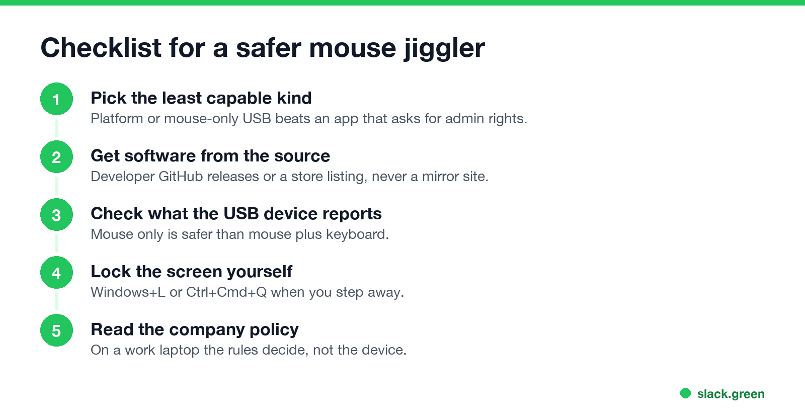 Checklist for a safer mouse jiggler: pick the least capable kind, get software from the source, check what the USB device reports, lock the screen, read the company policy