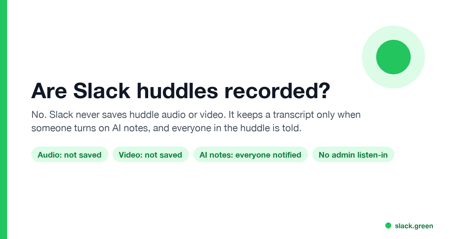 Slack never saves huddle audio or video; AI notes keep a transcript and everyone is notified