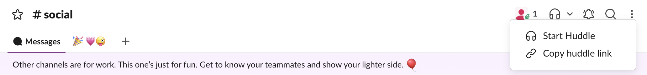 The huddle menu in a real Slack channel header: Start Huddle and Copy huddle link, no record option