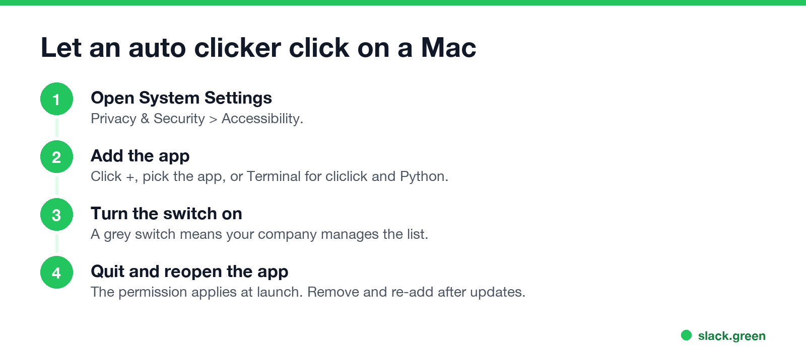 Four steps to let an auto clicker click on a Mac: open Privacy and Security, Accessibility, add the app or Terminal, restart it