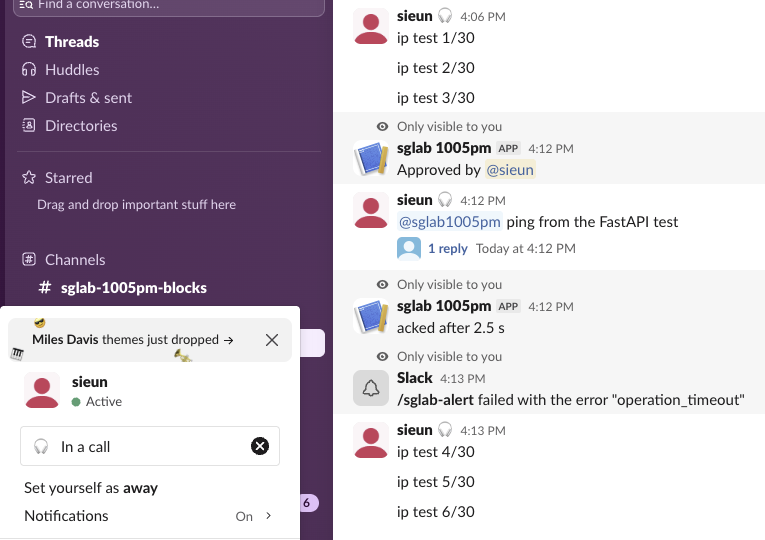 Slack web app with the headphones status shown next to the name sieun on every message, and the profile menu open with the status field In a call