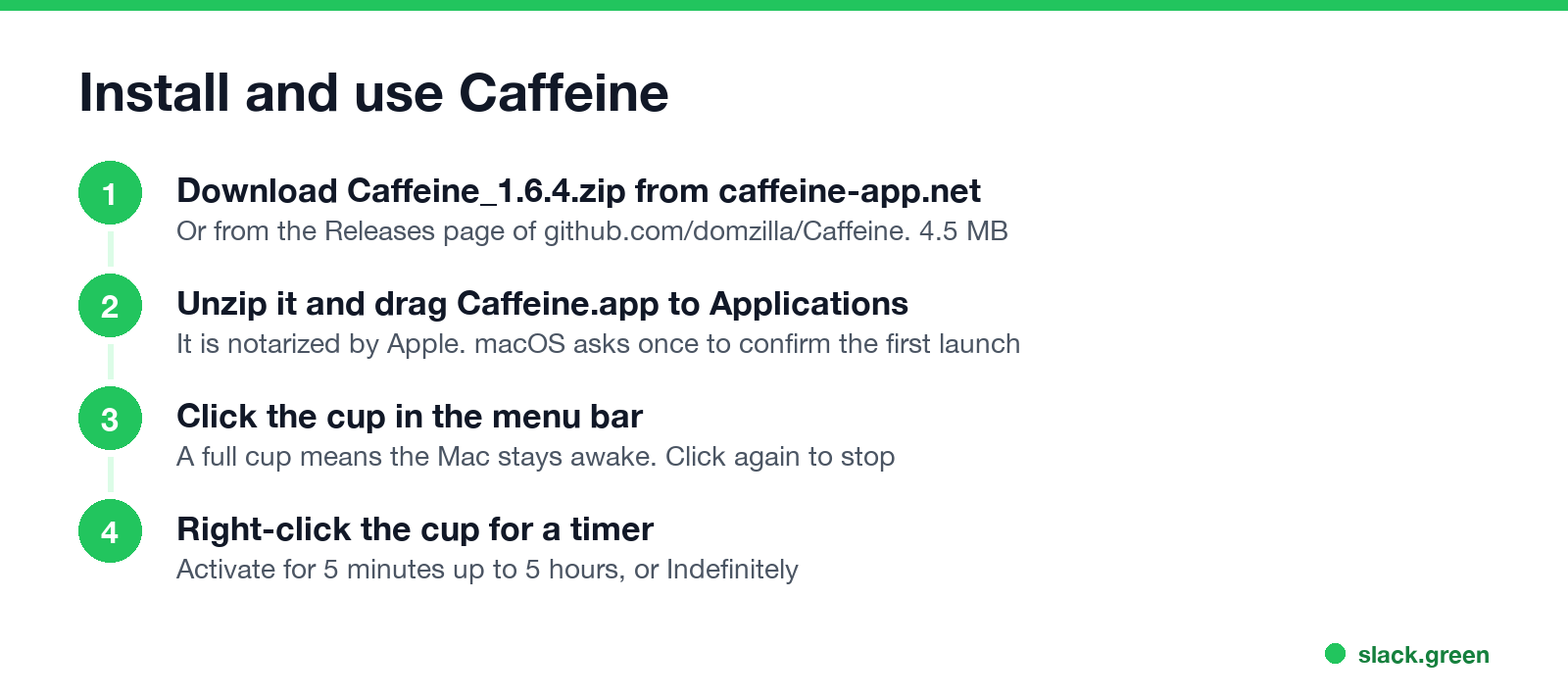 Install and use Caffeine: download the zip, drag Caffeine.app to Applications, click the cup, right-click for a timer