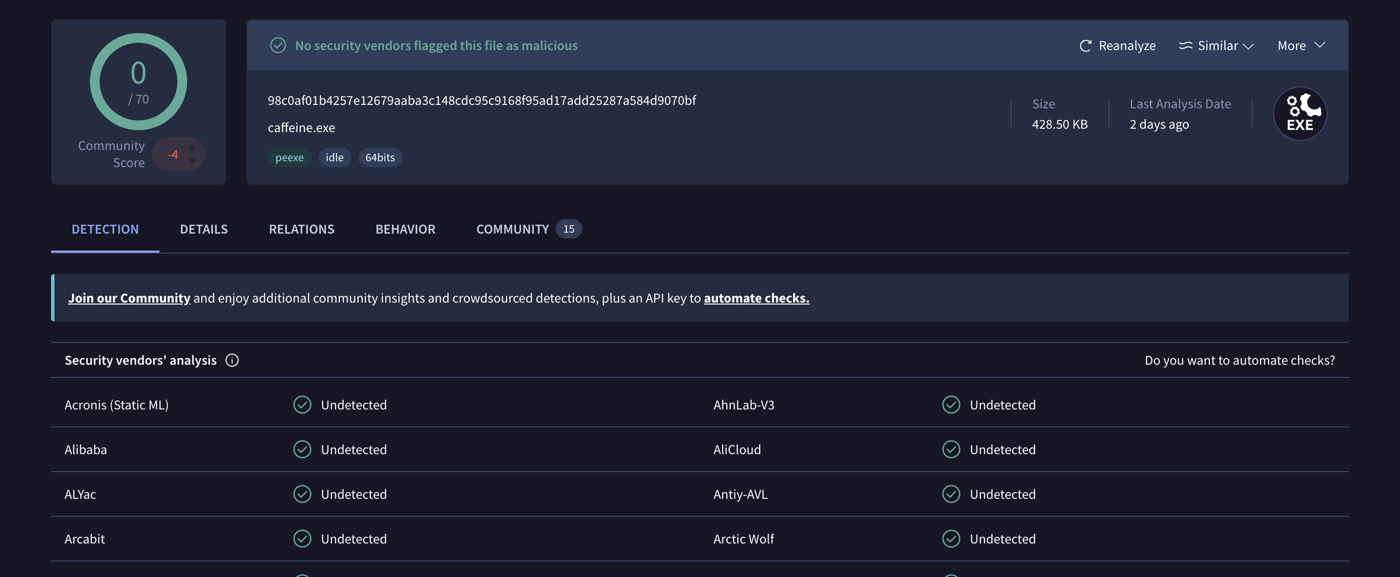 VirusTotal result for caffeine64.exe v1.98: 0 of 70 engines flagged it