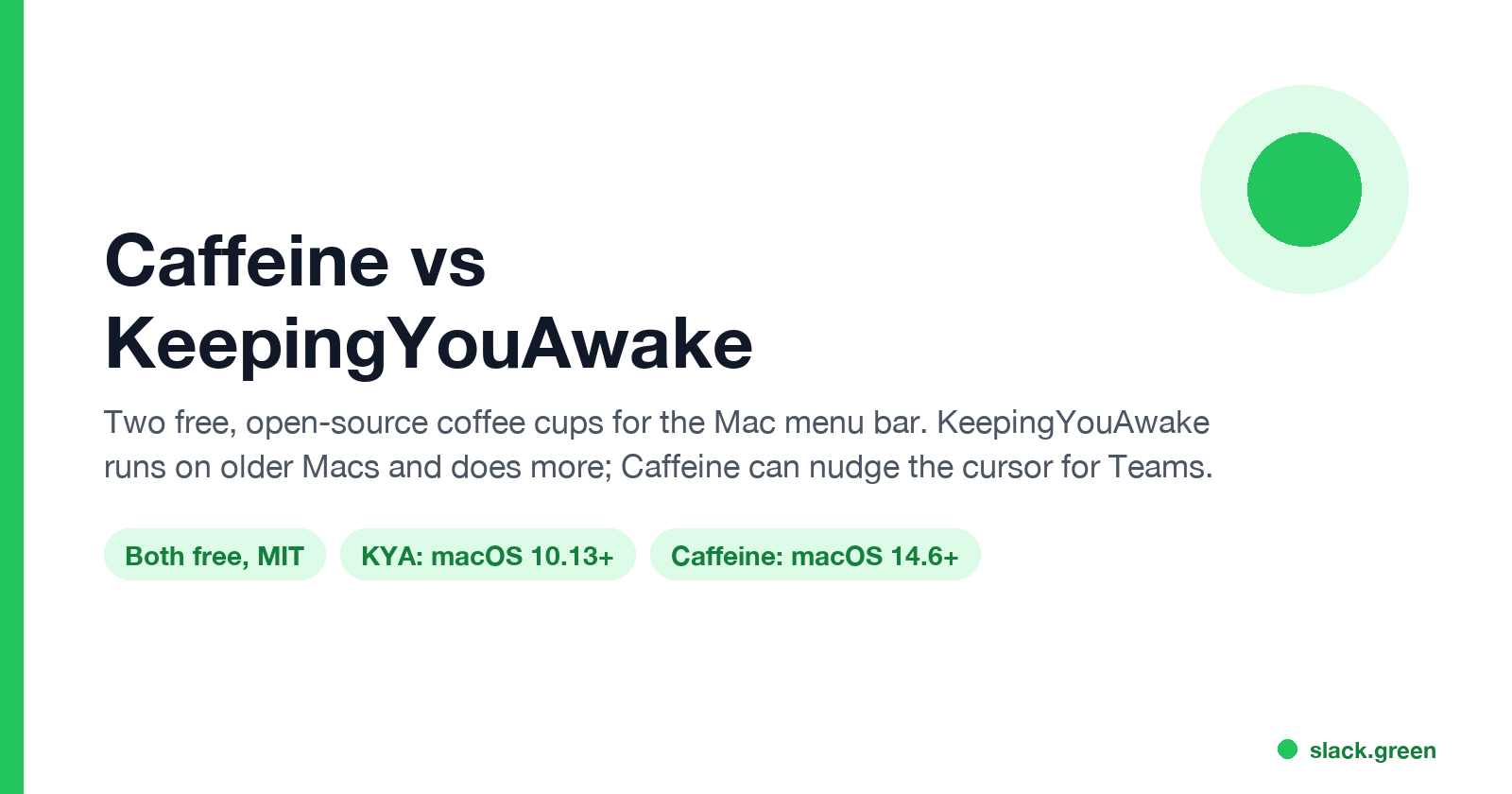 Caffeine vs KeepingYouAwake: both free and MIT, KeepingYouAwake runs on macOS 10.13 and newer, Caffeine needs macOS 14.6