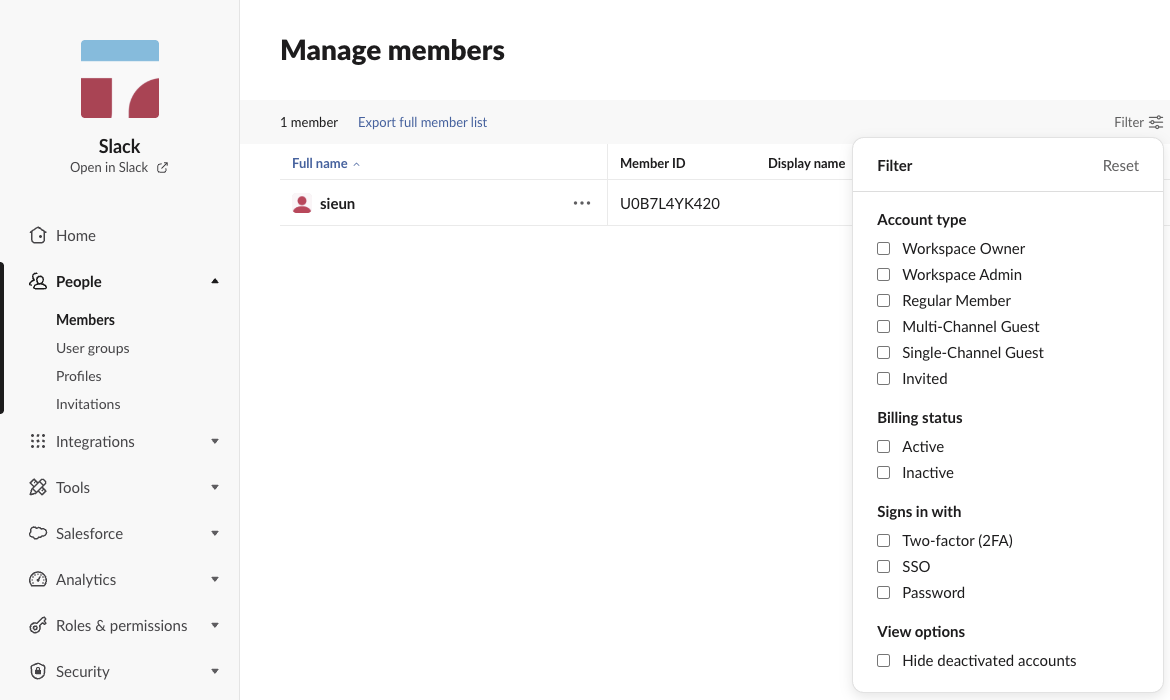 The Manage members page with the Filter panel open: account type, billing status, sign-in method, and the view option Hide deactivated accounts