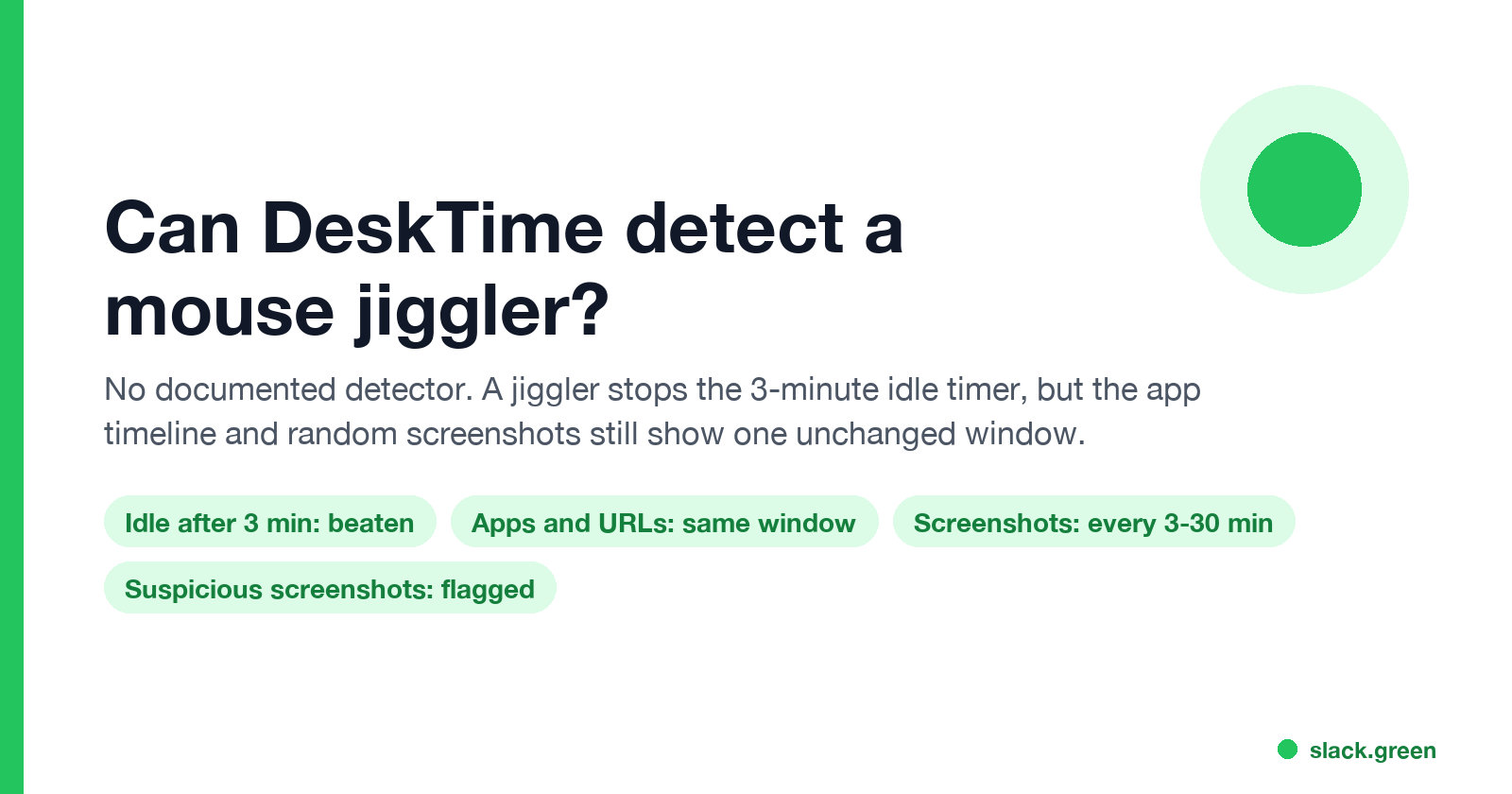 Can DeskTime detect a mouse jiggler: no jiggler detector, but the idle timer, app timeline and screenshots record what happened