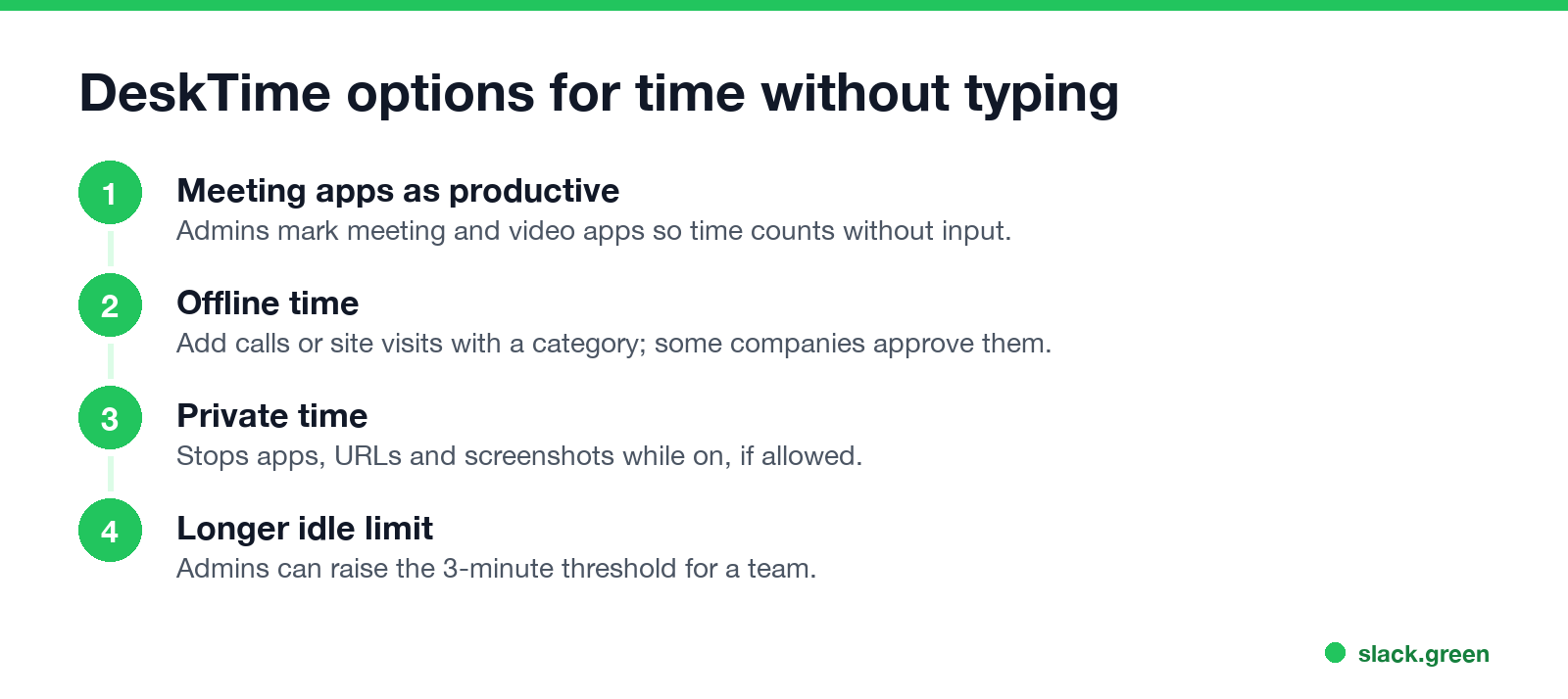 DeskTime options for time without typing: meeting apps counted as productive, offline time, private time, web timer, a longer idle limit