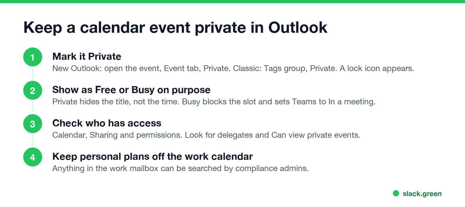 Keep a calendar event private in Outlook: mark it Private, choose Show as on purpose, check who has access, keep personal plans off the work calendar