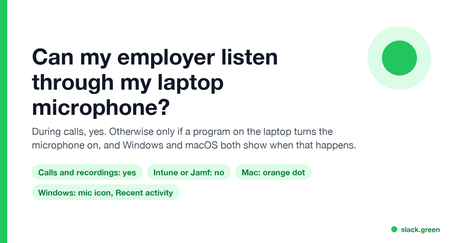 Can my employer listen through my laptop microphone: during calls yes, Intune or Jamf no, the Mac shows an orange dot, Windows shows a mic icon