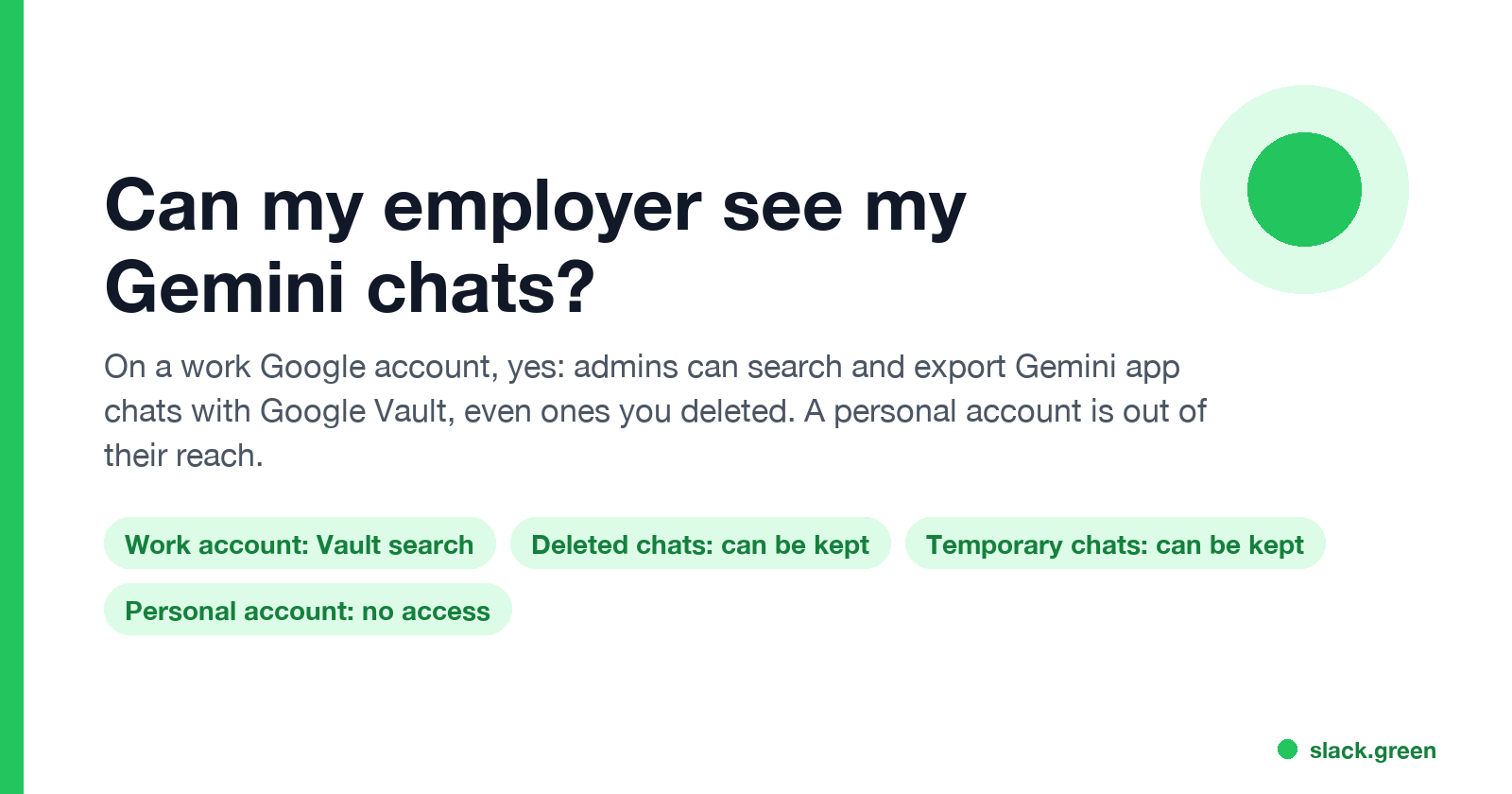 Can my employer see my Gemini chats: work account chats are searchable in Vault, deleted and temporary chats can be kept, a personal account is out of reach