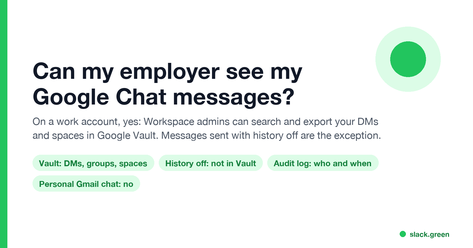 Can my employer see my Google Chat messages: Vault covers DMs, groups and spaces; history off is not in Vault; the audit log shows who and when; personal chats are out of reach