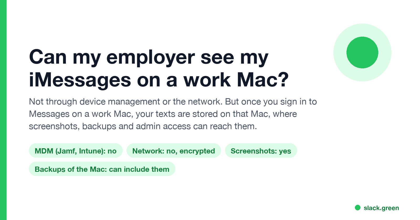 Can my employer see my iMessages on a work Mac: MDM no, network no, screenshots yes, backups of the Mac can include them