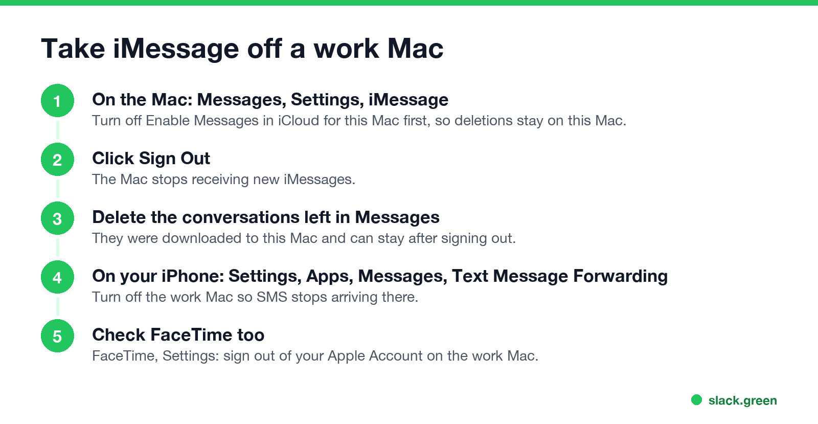 Take iMessage off a work Mac: turn off Messages in iCloud for this Mac, sign out, delete what is left, turn off Text Message Forwarding, sign out of FaceTime