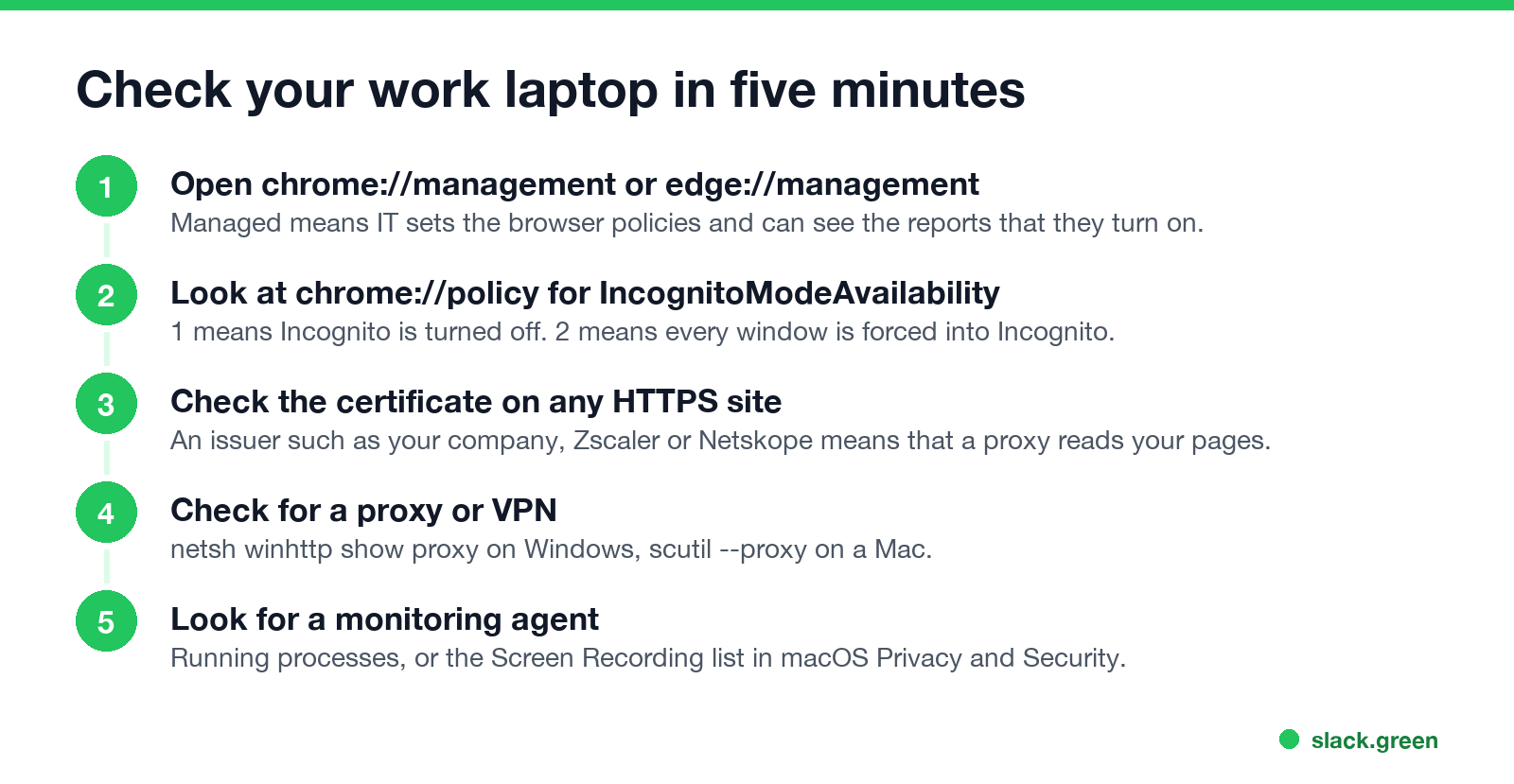 Check your work laptop: management page, IncognitoModeAvailability, certificate issuer, proxy or VPN, monitoring agent