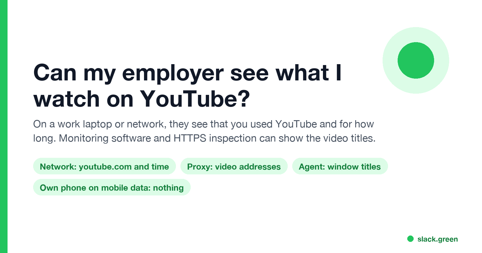 Can my employer see what I watch on YouTube: the network sees youtube.com and time, a proxy sees video addresses, an agent sees window titles, your own phone on mobile data shows nothing