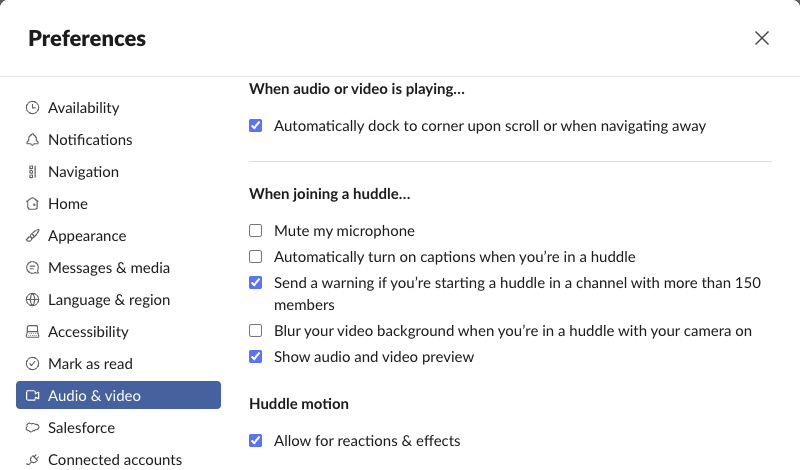 Slack Preferences, Audio & video, as shown in the web app on 29 September 2026: under When joining a huddle there are checkboxes for Mute my microphone, captions, the 150-member warning, background blur and Show audio and video preview
