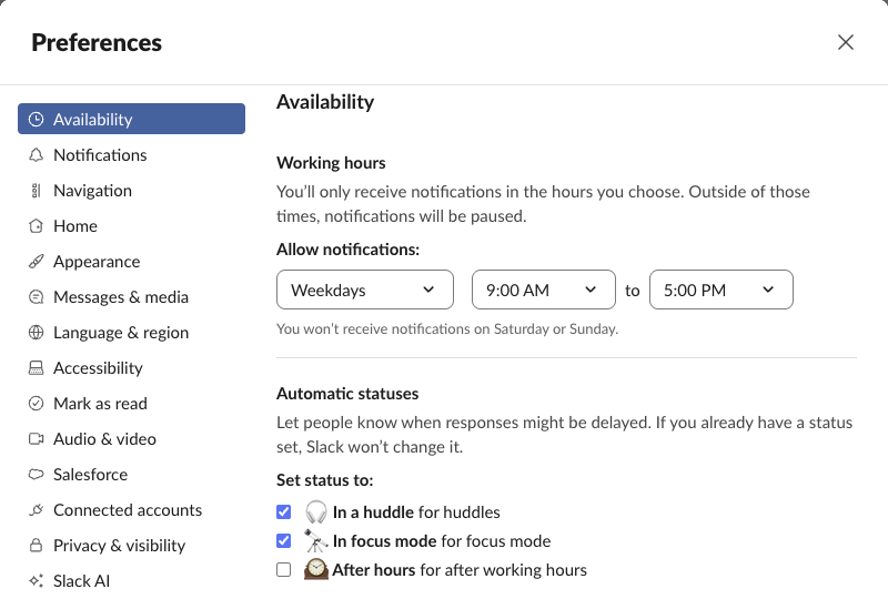 Slack Preferences, Availability: under Automatic statuses, Set status to has a ticked box for In a huddle for huddles, next to In focus mode and After hours