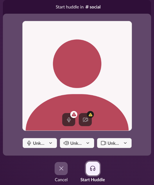 The Slack huddle preview in the web app: Start huddle in #social, with microphone, speaker and camera pickers and Cancel or Start Huddle buttons