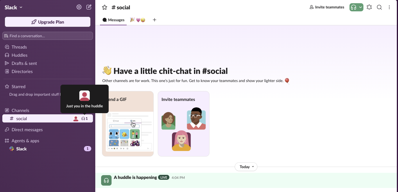 Slack web app during a huddle in #social: the sidebar shows an avatar and a headphones count next to the channel, the hover card says Just you in the huddle, and the channel has an A huddle is happening LIVE message