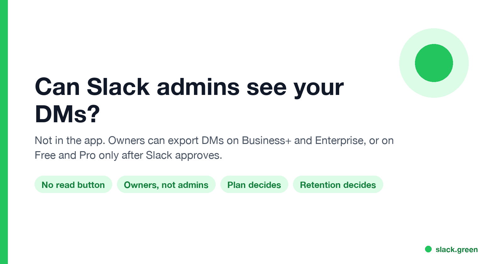 Can Slack admins see your DMs: not in the app; Owners export them on Business+ and Enterprise, or on Free and Pro after Slack approves