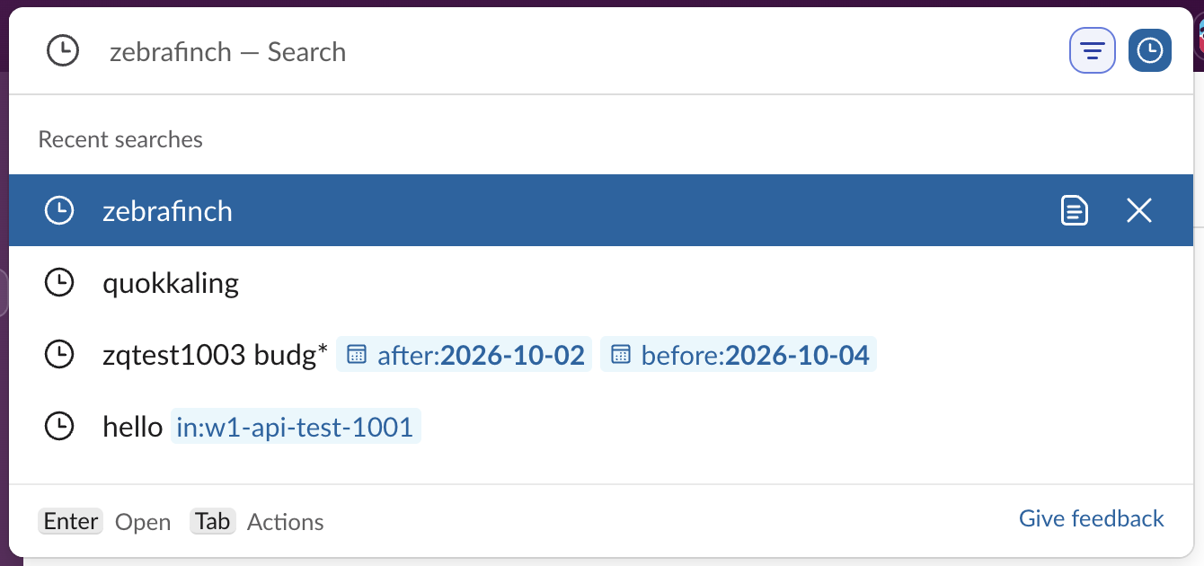The Slack search box in our workspace with the clock button pressed: a Recent searches list of four earlier searches, and copy and delete buttons on the highlighted one