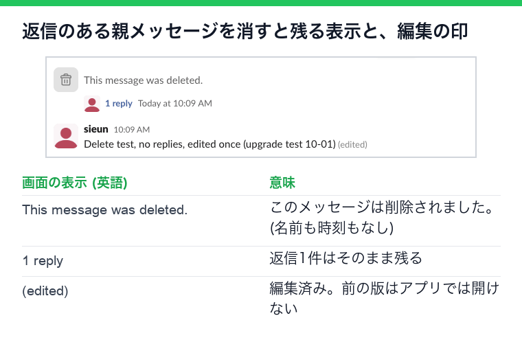 削除された親メッセージがThis message was deletedと返信1件で表示され、編集したメッセージには(edited)と出ている