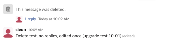 A deleted Slack parent message shown as This message was deleted with 1 reply, and an edited message marked (edited)