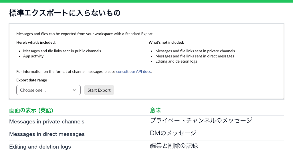 Slackの標準エクスポートのページ。プライベートチャンネル、DM、編集と削除の記録は含まれない