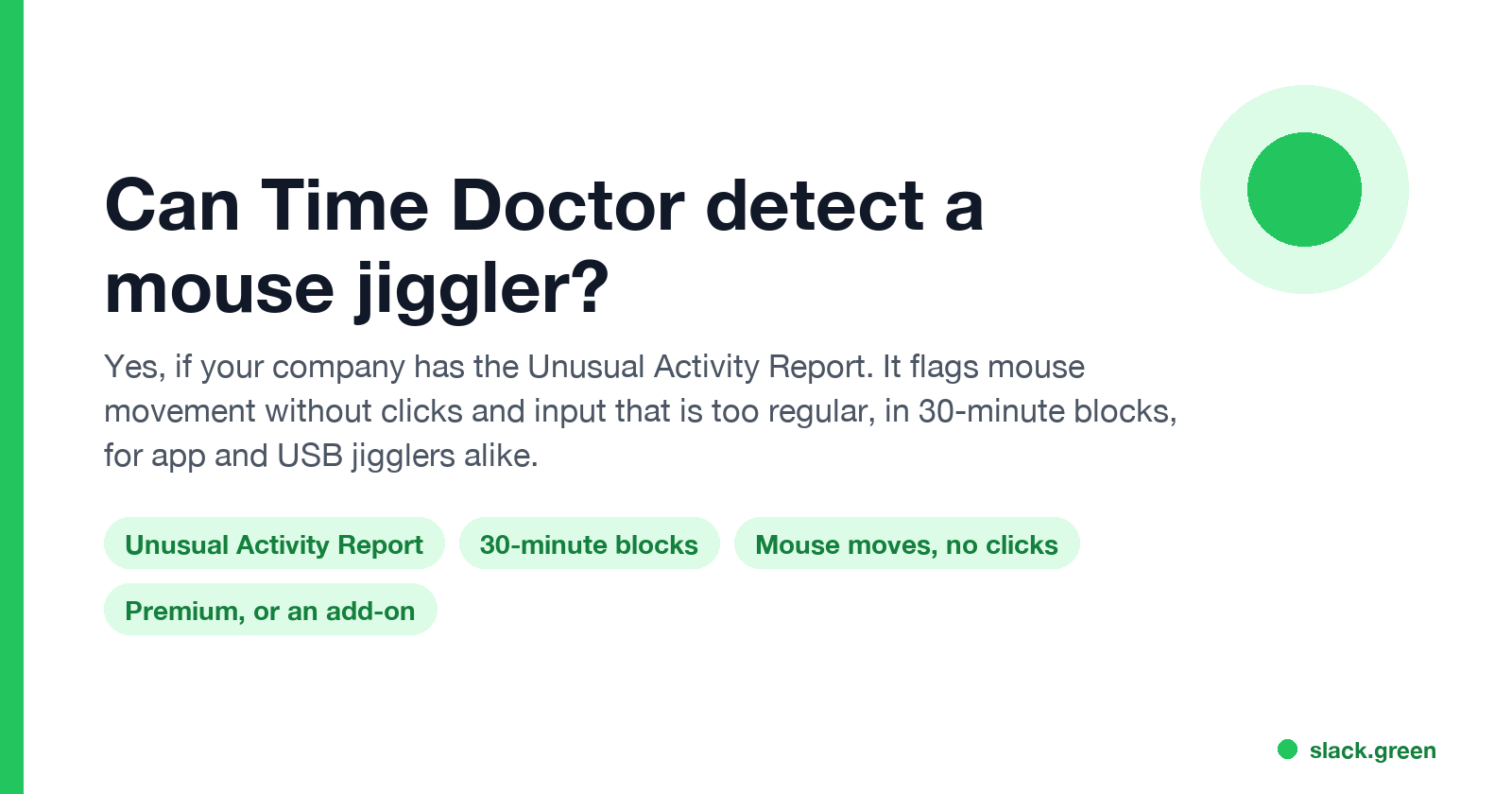 Can Time Doctor detect a mouse jiggler: yes, with the Unusual Activity Report, 30-minute blocks, mouse moves without clicks, Premium or an add-on