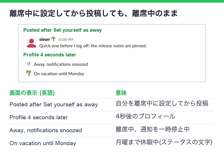離席中に設定してから#socialに投稿したメッセージと、4秒後もAwayのままのプロフィール(英語)と対応表