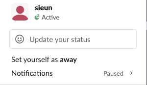 Slack 웹 앱의 프로필 메뉴(영어 표시). sieun, Active(활성), Update your status(상태 업데이트), Set yourself as away(나를 자리 비움으로 설정), Notifications Paused(알림 일시 중지됨)