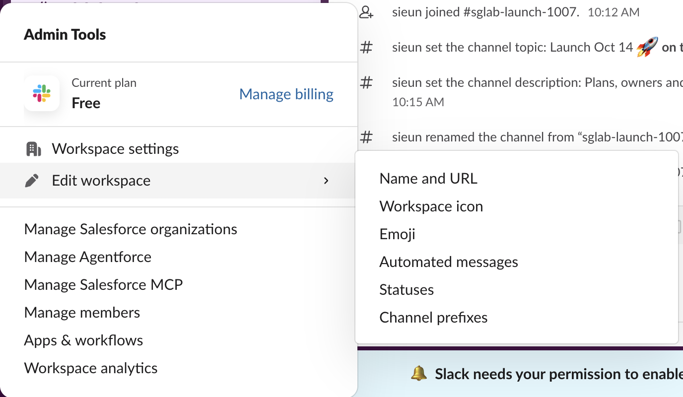 Slack web Admin Tools menu: Current plan Free, Workspace settings, and the Edit workspace submenu open with Name and URL, Workspace icon, Emoji, Automated messages, Statuses and Channel prefixes