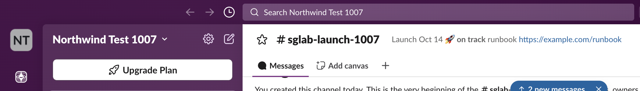 Slack web after the rename: the left rail icon shows the initials NT, the sidebar header reads Northwind Test 1007, and the search box says Search Northwind Test 1007