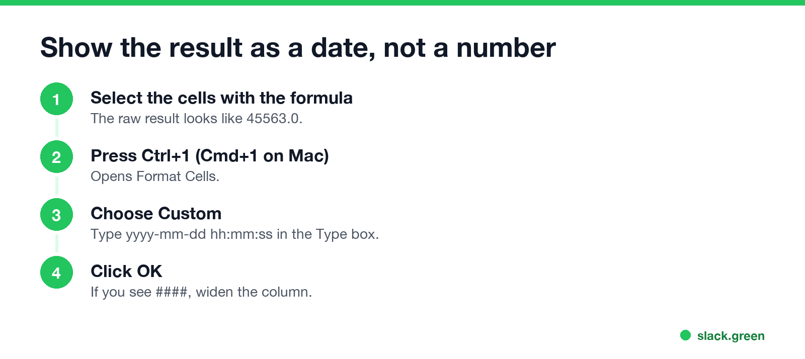 Show the result as a date: select cells, Ctrl+1, Custom yyyy-mm-dd hh:mm:ss, OK