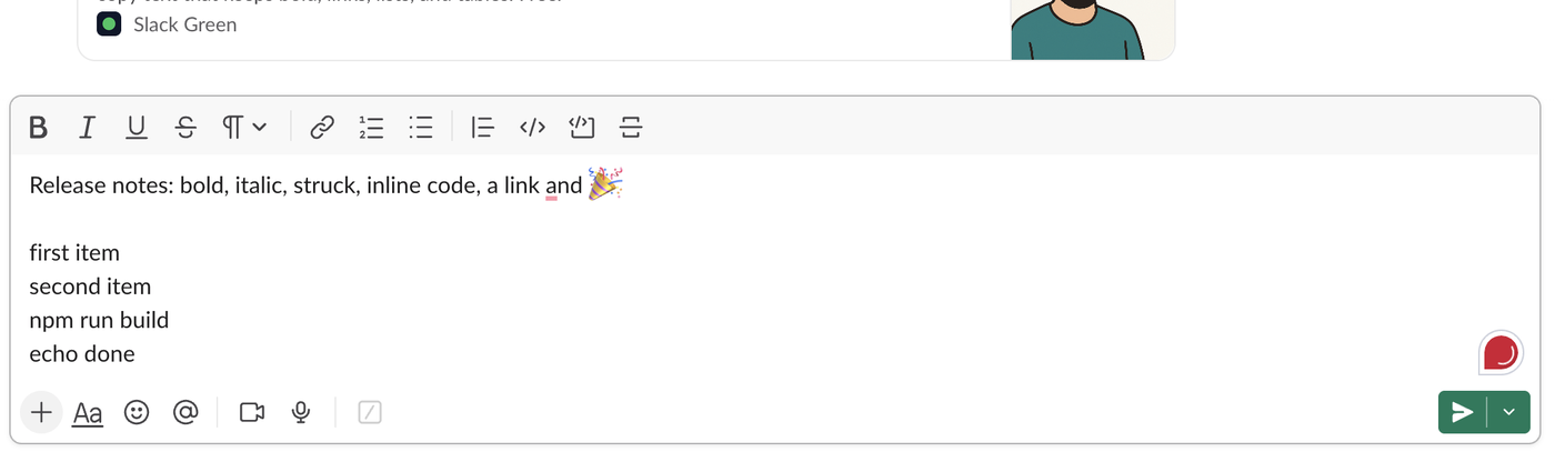 Slack message box after pasting the plain text version: the same words with no bold, no link, no bullets and no code block, only the emoji kept