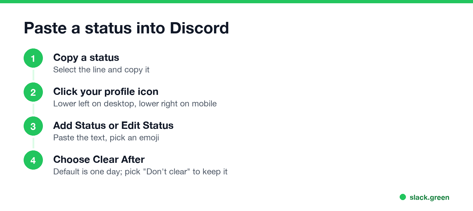 Paste a status into Discord: copy it, click your profile icon, Add Status or Edit Status, choose Clear After
