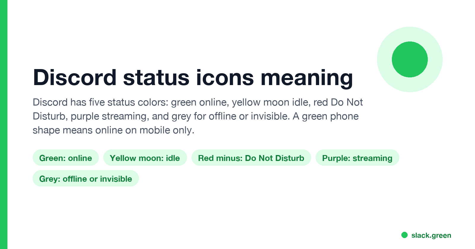 Discord status icons meaning: green online, yellow moon idle, red minus Do Not Disturb, purple streaming, grey offline or invisible