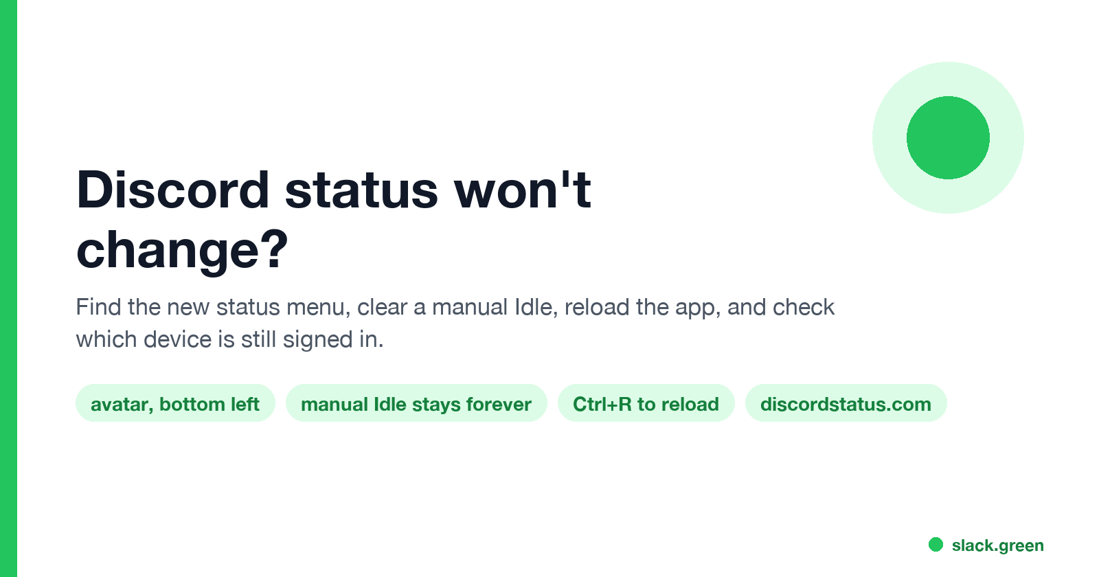 Discord status won't change: find the status menu, clear a manual Idle, reload, check for an outage