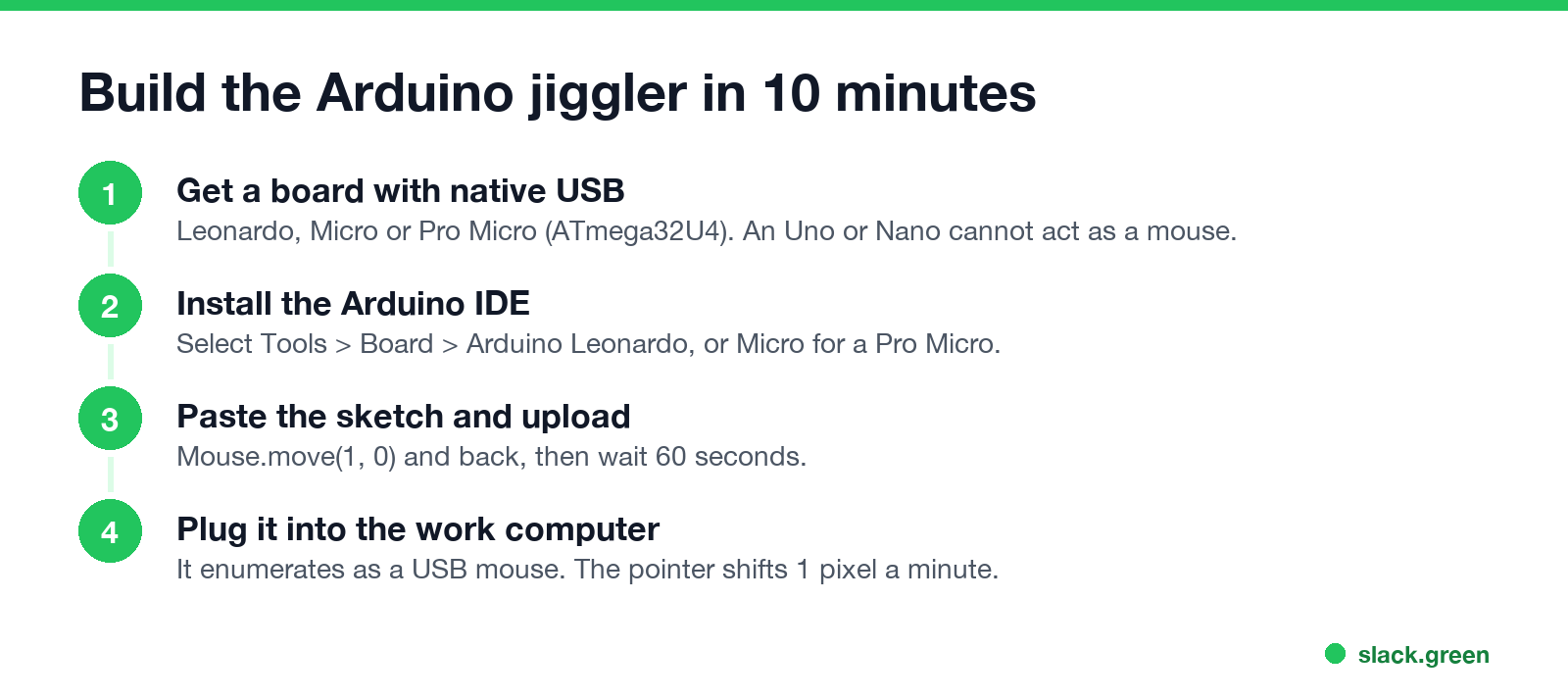 Build the Arduino jiggler: get a board with native USB, install the IDE, upload the sketch, plug it in