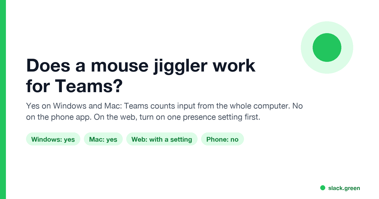 Does a mouse jiggler work for Teams: yes on Windows and Mac, not on the phone app, web needs a setting