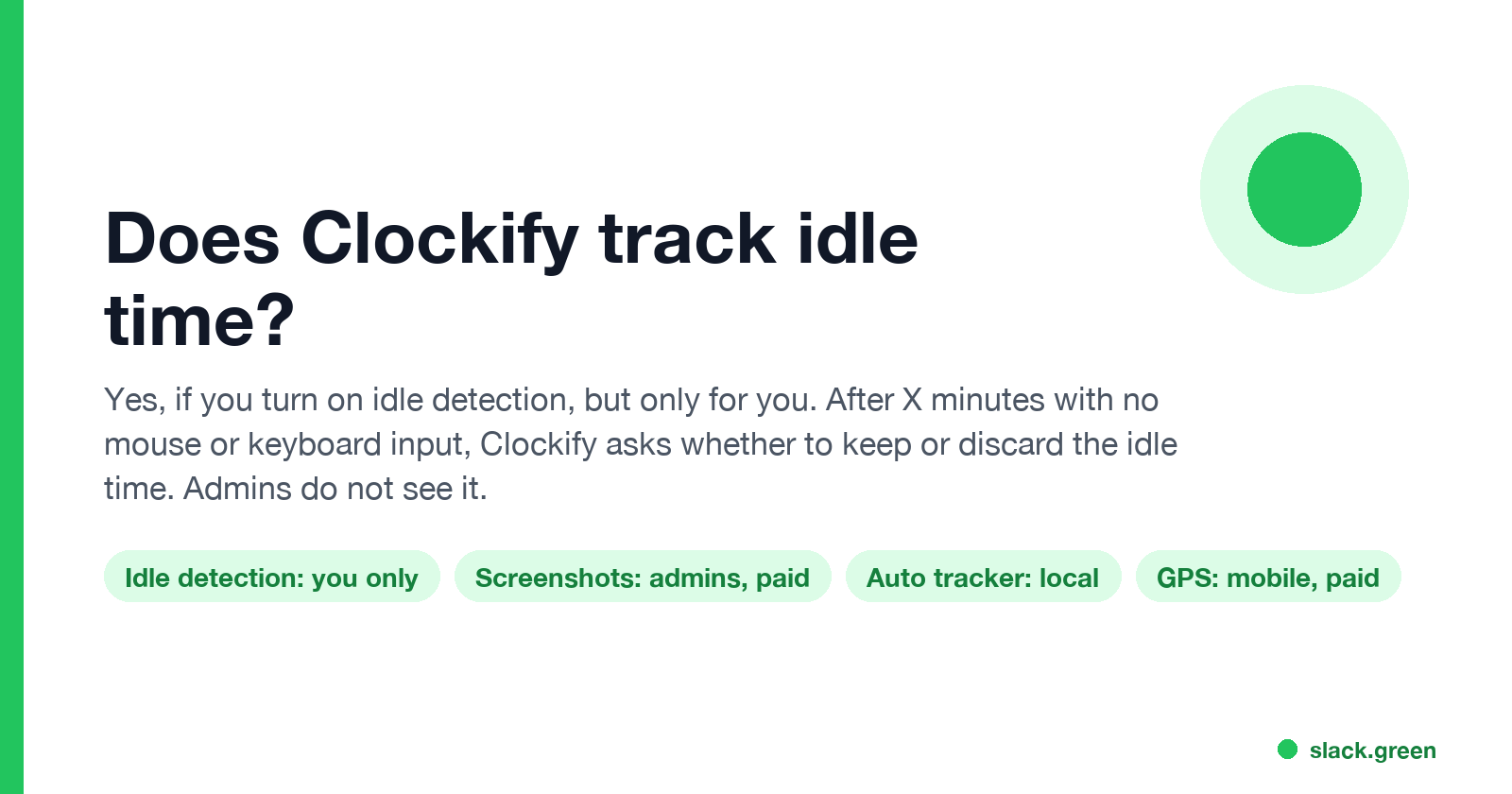 Does Clockify track idle time: idle detection for you only, screenshots for admins on paid plans, auto tracker stored locally, GPS on mobile