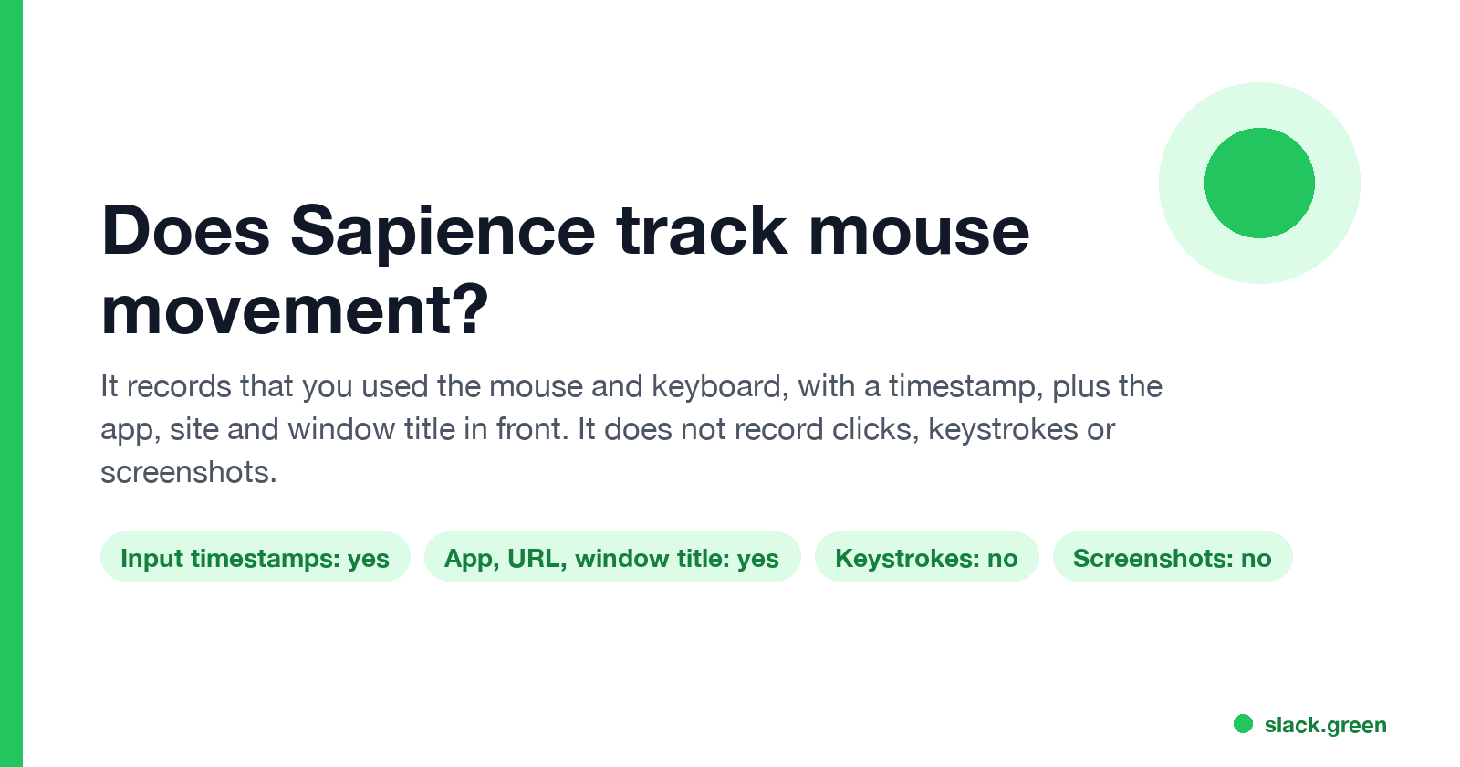 Does Sapience track mouse movement: input timestamps and active window yes, keystrokes and screenshots no