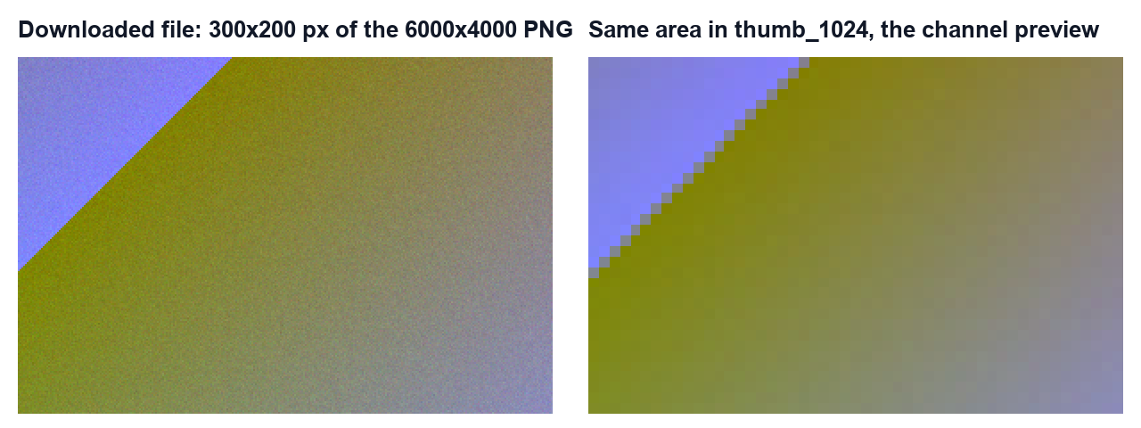 A 300 by 200 pixel crop of the downloaded 6000 by 4000 PNG next to the same area of the thumb_1024 preview scaled up to the same size. The original keeps fine noise; the preview is smooth and blurred