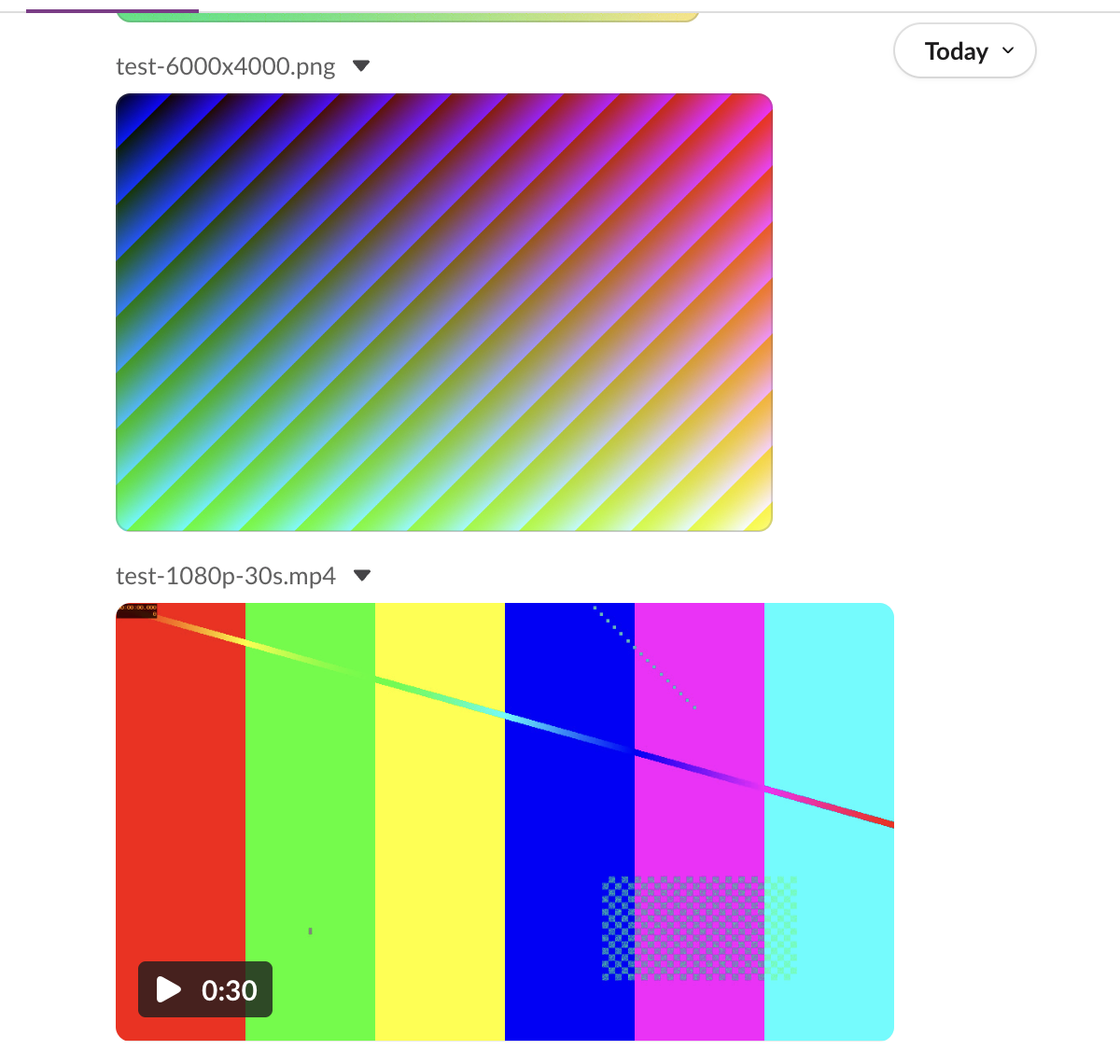 The test channel with our two uploads. test-6000x4000.png shows as a striped color gradient preview, and test-1080p-30s.mp4 shows as a video player with a 0:30 duration and a play button